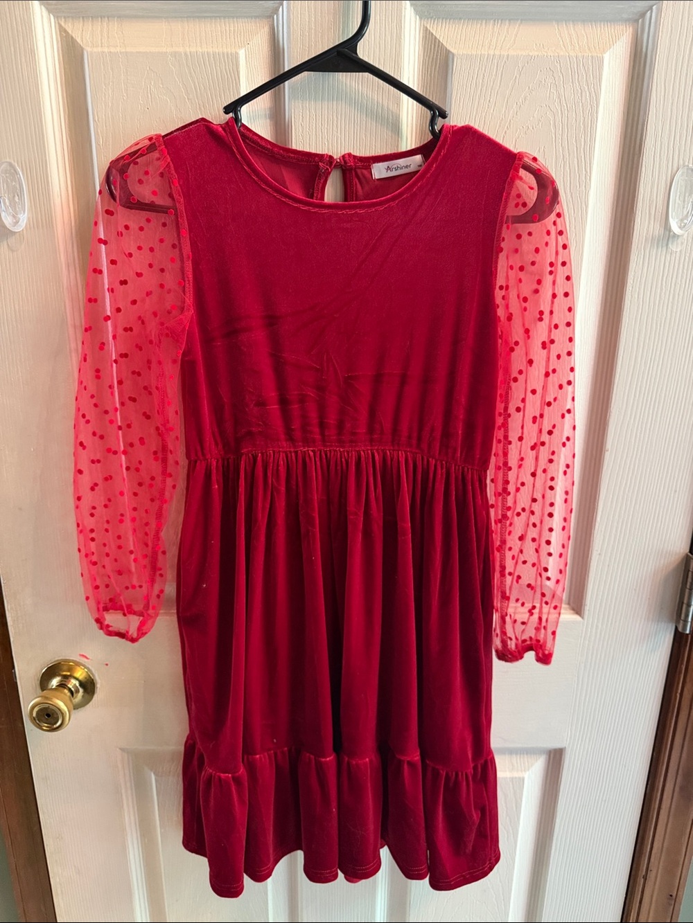 Girls' Emerald Red Velvet Dress with Polka Dot Mesh Sleeves